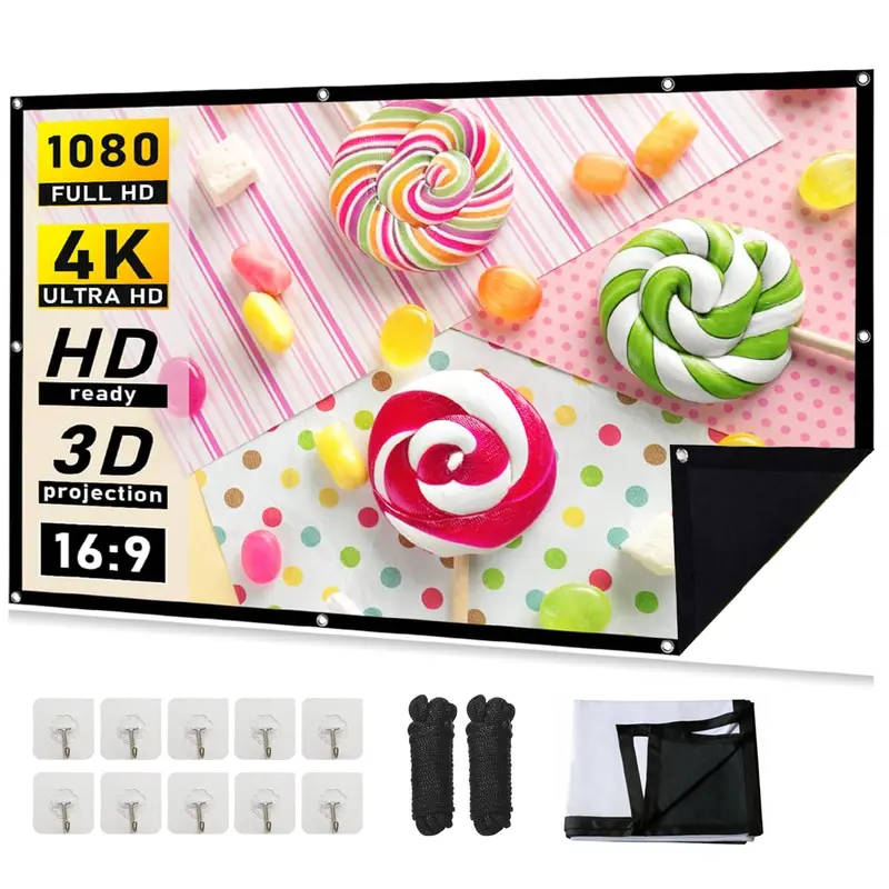projector screen 120-72 inch 16:9, black and white double-layer thick portable projection movie screen, 160 degree wide-angle opaque  suitable for home theater, outdoor, indoor office double-layer cloth projection screens