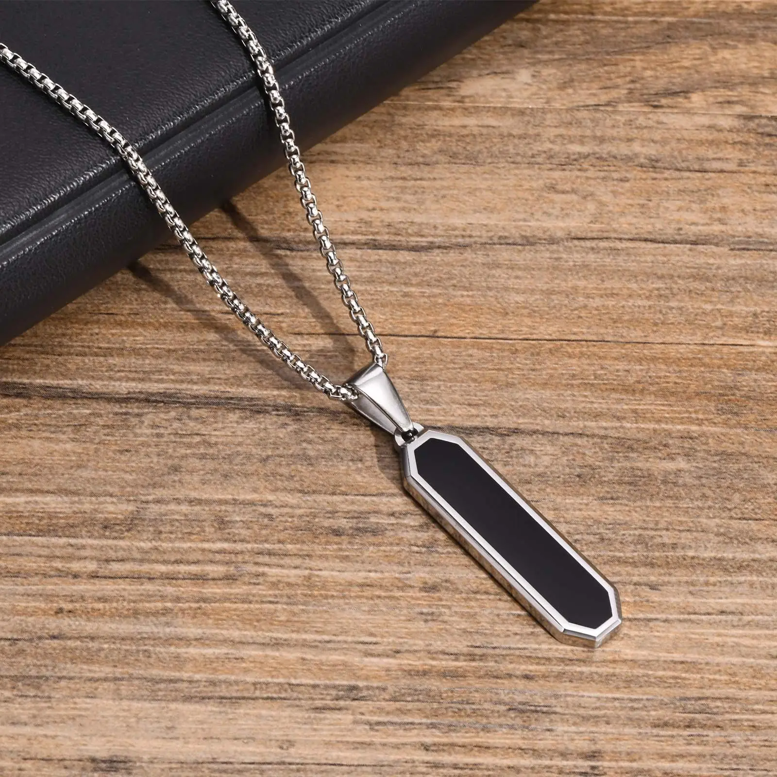 Vnox Casual Black Color Bar Necklaces for Men,Minimalist Stainless Steel Geometric Pendant Collar Gift Jewelry