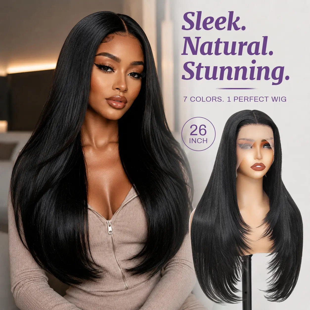 Wigaga 26 Inch 13x4 HD Lace Glueless Lace Front Wig, Feather Layered Straight Synthetic Wig for Women, Pre-Plucked Natural Hairline with Baby Hair, 200% Density, Soft Lightweight Heat-Resistant Fiber, Middle Part deep