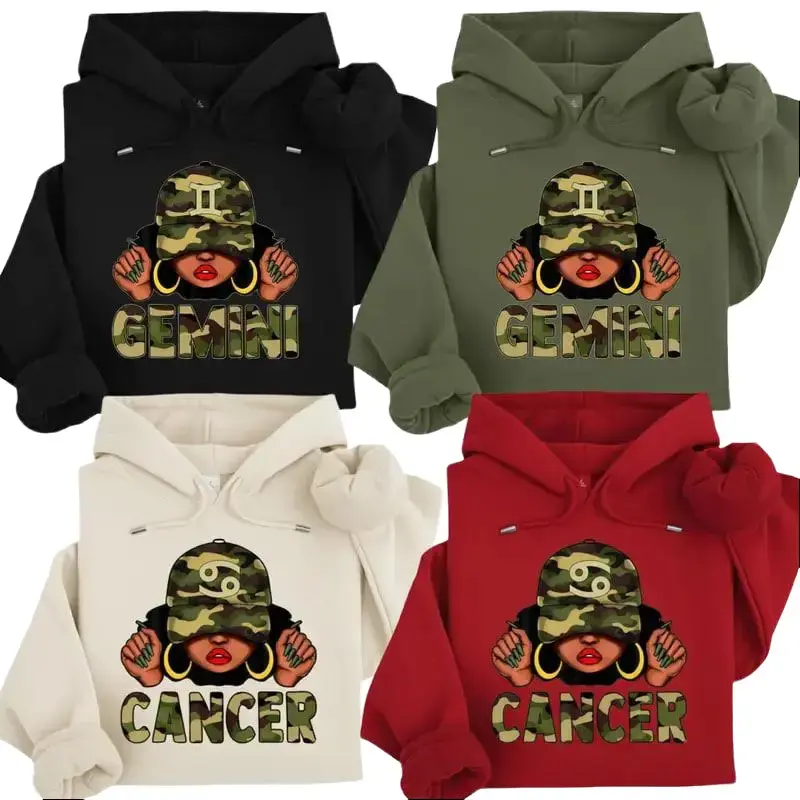 [Full 12 Zodiac] Camo Zodiac Hoodie – Urban Streetwear Zodiac Sign Sweatshirt with Camo Graphic Design, Trendy Unisex Pullover, Perfect Gift for Zodiac Lovers