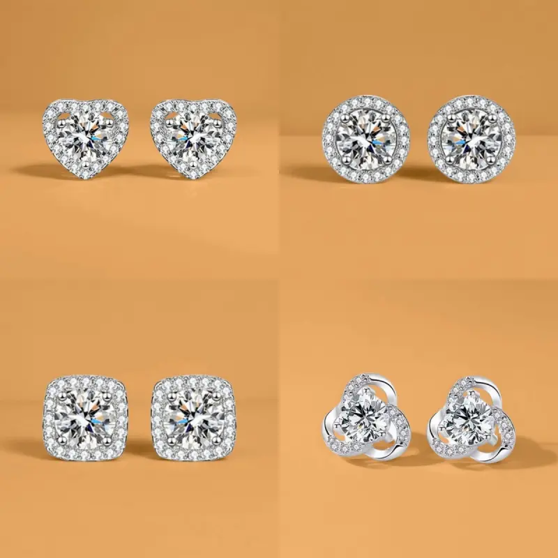 Sparkly 4 Pairs Moissanite Inspired CZ Earrings Set for Women, DDMS0010 Brilliant Cut Cubic Zirconia, 925 Sterling Silver, Hypoallergenic