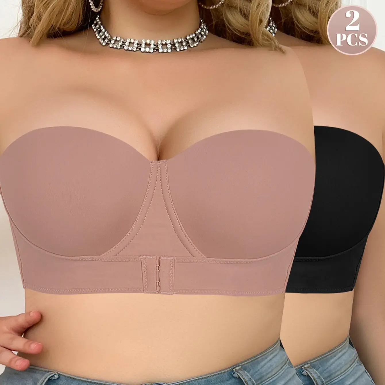 Mimilemon Women's 2PCS Plus Size Seamless Strapless Push-Up Bra - Front-Lift, Backless, Invisible Bridal Lingerie with Backless Inserts for Weddings, Strapless Bra Push Up, Backless Inserts Strapless Bras