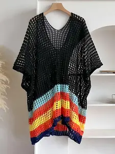 Women's Colorful Patchwork Open Front Crochet Cape, Casual Boho Style Shawl for Daily Wear, Fashion Accessories for Women & Girls