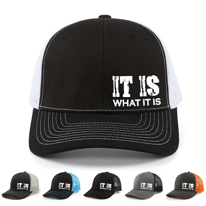 Classic Trucker Hat - Text Print Polyester Breathable Mesh Baseball Cap, Adjustable Sunscreen Hat, Structured Crown, Unisex Men's Accessories for Casual Outdoor Use
