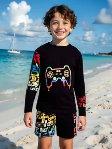 Game-Themed Two-Piece Swimsuit, Gradient Print Long Sleeve Top and Shorts, Summer Comfortable, Casual Style