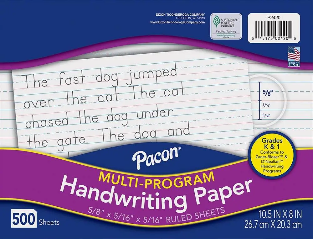 Multi-Program Handwriting Paper 10-1/2" x 8", Ruled Long D'Nealian Grade K / Zaner-Bloser Grade 1