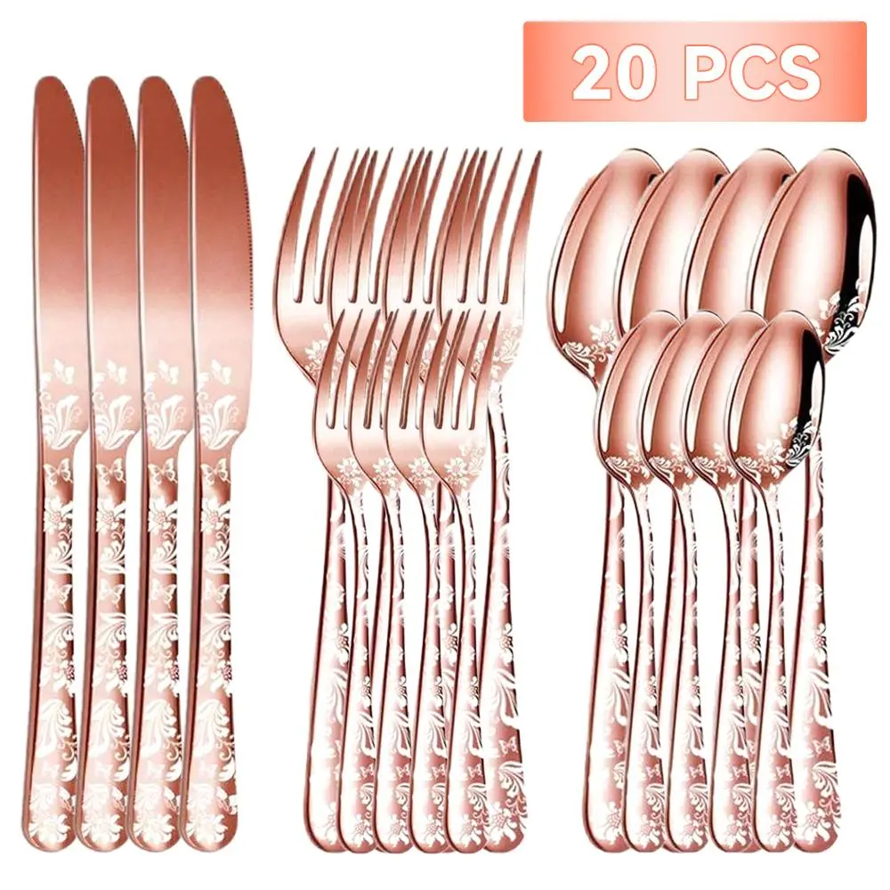 20-Piece Vintage Floral Rose Gold Silverware Set, Cutlery Tableware, Stainless Steel Flatware Service for 4, Elegant Engraved Knives Forks Spoons, Mirror Polished Tableware Sets for Home Wedding Thanksgiving Christmas Gift, Dishwasher Safe