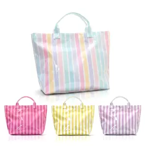 Trendy Colorful Striped PVC Tote Bag for Summer Beach, Large Capacity Glossy Handbag for Shopping, Aesthetic Candy Color Travel Purse & Gift Bag for Women