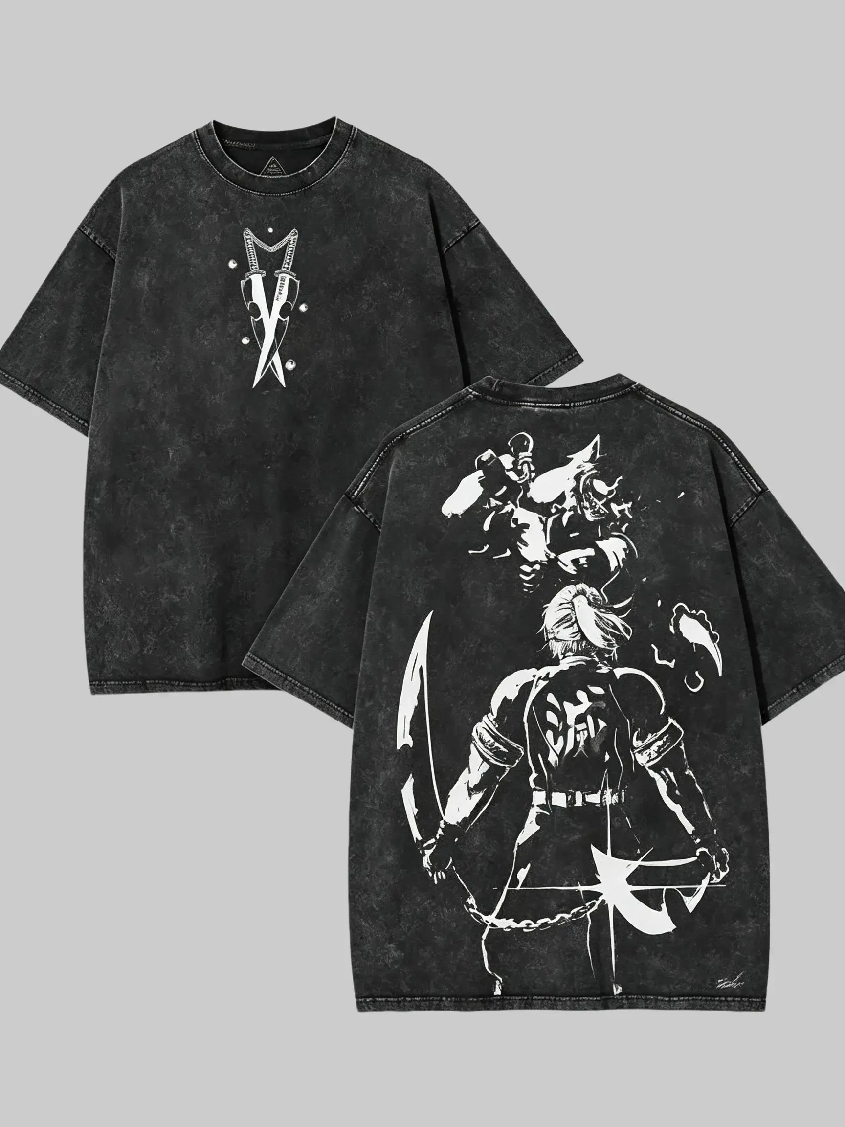 Men's Graphic T-Shirt, Oversized Vintage Acid Wash Demon Slayer Sanemi Print, Heavyweight Cotton Round Neck Shortsleeve Tops, Menswear, Graphic Print