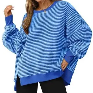 Fisoew Women's Fall Oversized Sweatshirt Casual Waffle Knit Long Sleeve Crewneck Split Pullover Tunic Tops Outfits Clothes babydoll tops cardigan cardigan for women mockneck summervibes