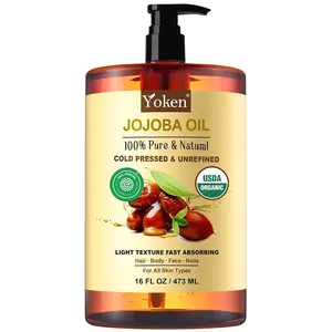 Yoken Pure Jojoba Oil Organic USDA Certified 16 fl oz, 100% Natural Jojoba Oil for Hair, Skin & Face, Cold Pressed Unrefined, Deeply Body Moisturizer Jojoba Carrier Oils for Essential oil Mixing