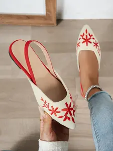 Women's Beige & Yellow Floral Embroidered Pointed-Toe Slingback Mule Flats Double-Strap Design Fabric Upper Elegant Office Party Dress Shoes Casual Daily Footwear Fashion Lifestyle Footwear