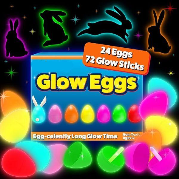 24 Easter Glow Eggs & 72 Mini Glow Sticks 96pcs Total, Glow-in-The-Dark Kids Teens Adults Easter Basket Stuffers Fillers Gift, Egg Hunt Game Bulk Party Favors, Boys Girls Classroom
