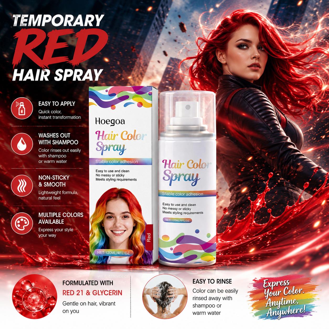 Two-piece display showcases the unique self. 120 ml. Passionate and sexy red and individualistic silver-gray temporary hair dye spray. Long-lasting, smooth, easy to wash, non-sticky, and evenly covering hairstyle spray.