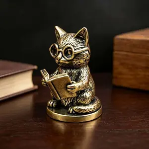 Vintage Brass Cat Figurine with Glasses, Desk Decor, Rustic Metal Art, Fun Bookshelf Ornament, Creative Cute Reading Cat Sculpture, Gift for Teachers