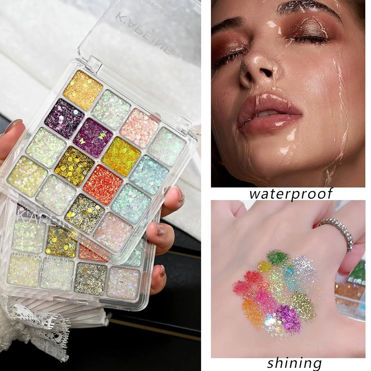 Colorful big glitter eyeshadow with diamond shimmer effect, Eyeshadow Palettes. Easy to apply with rich color payoff, long-lasting and snug fit. Suitable for daily brightening and party bold eye makeup.
