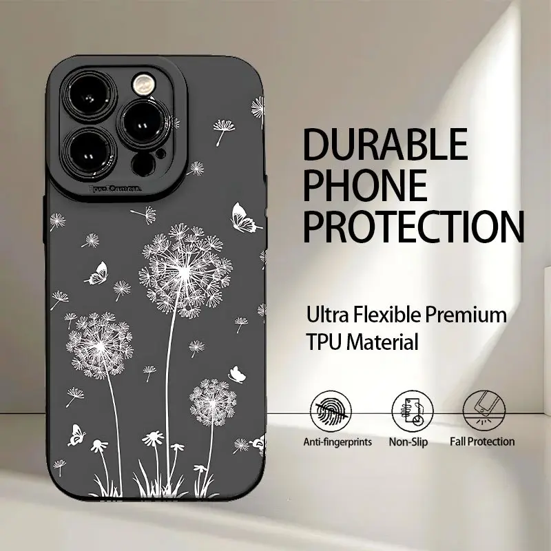 Matte Dandelion Design UV-Printed TPU Protective Smartphone Case Casing - 360-Degree Full Protection Accessory for iPhone 7,8 Plus,SE,Mini,XR,X/XS,11,12,13,14,15 Pro Max,16