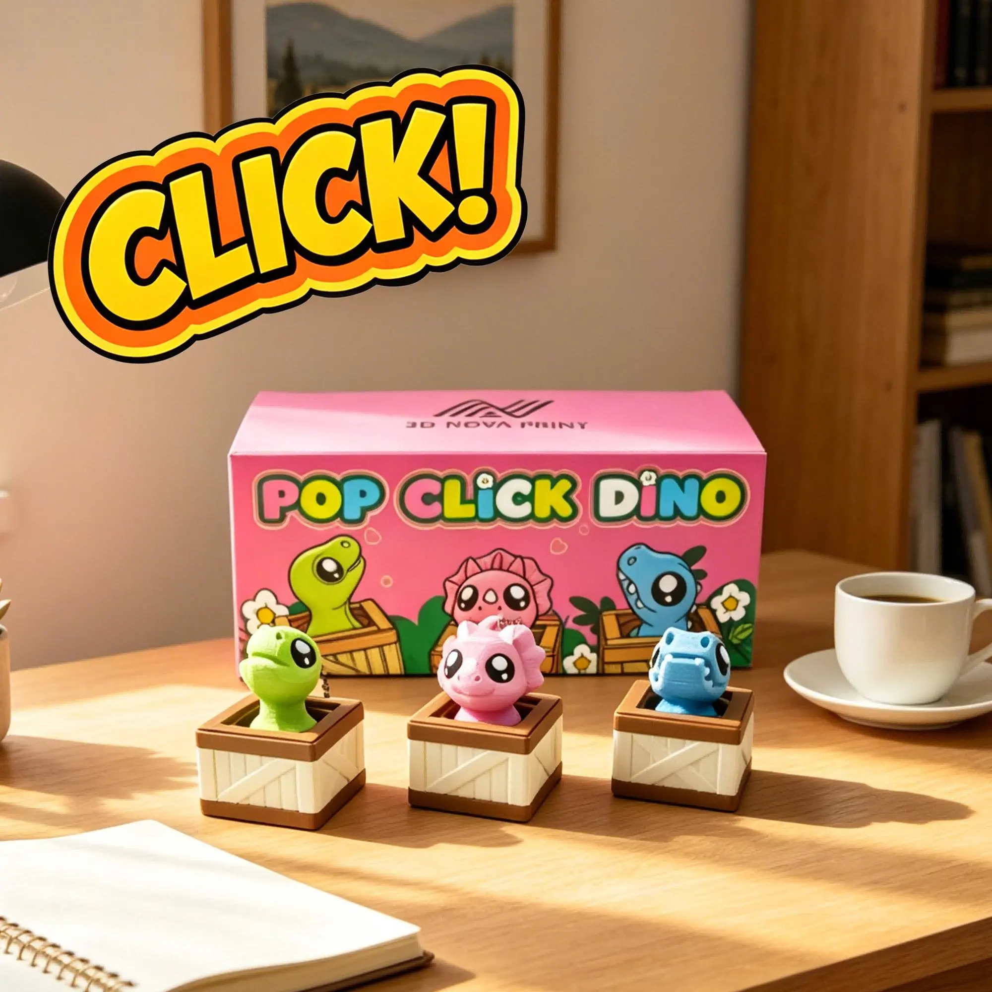 3PCS Dinosaur Clicker Set, 3D Printed Mini Dino Fidget Clickers With Crate Base