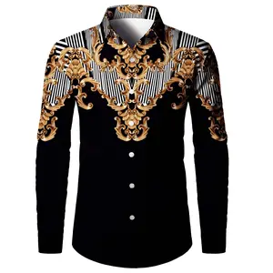 Baroque Style Vintage Pattern Men's Color Block Long Sleeve Button Up Shirt, Spring Fall Banquet Occasions