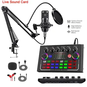 F009 Podcast Microphone Bundle, Condenser Mic with Live Sound Card & Voice Changer, Professional Audio Interface Kit with DJ Mixer Effects for PS4 PS5 Karaoke TikTok YouTube Live Streaming Gaming Recording, Recording Set