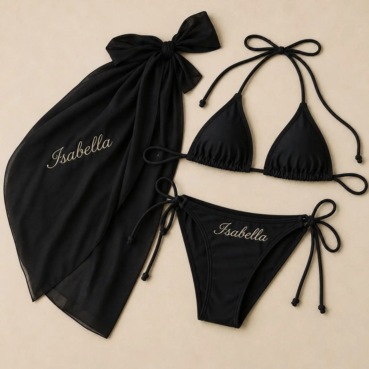Personalized Bridal Bikini Set and Sarong Cover Up, Custom Name Embroidered Swimsuit for Bride to Be