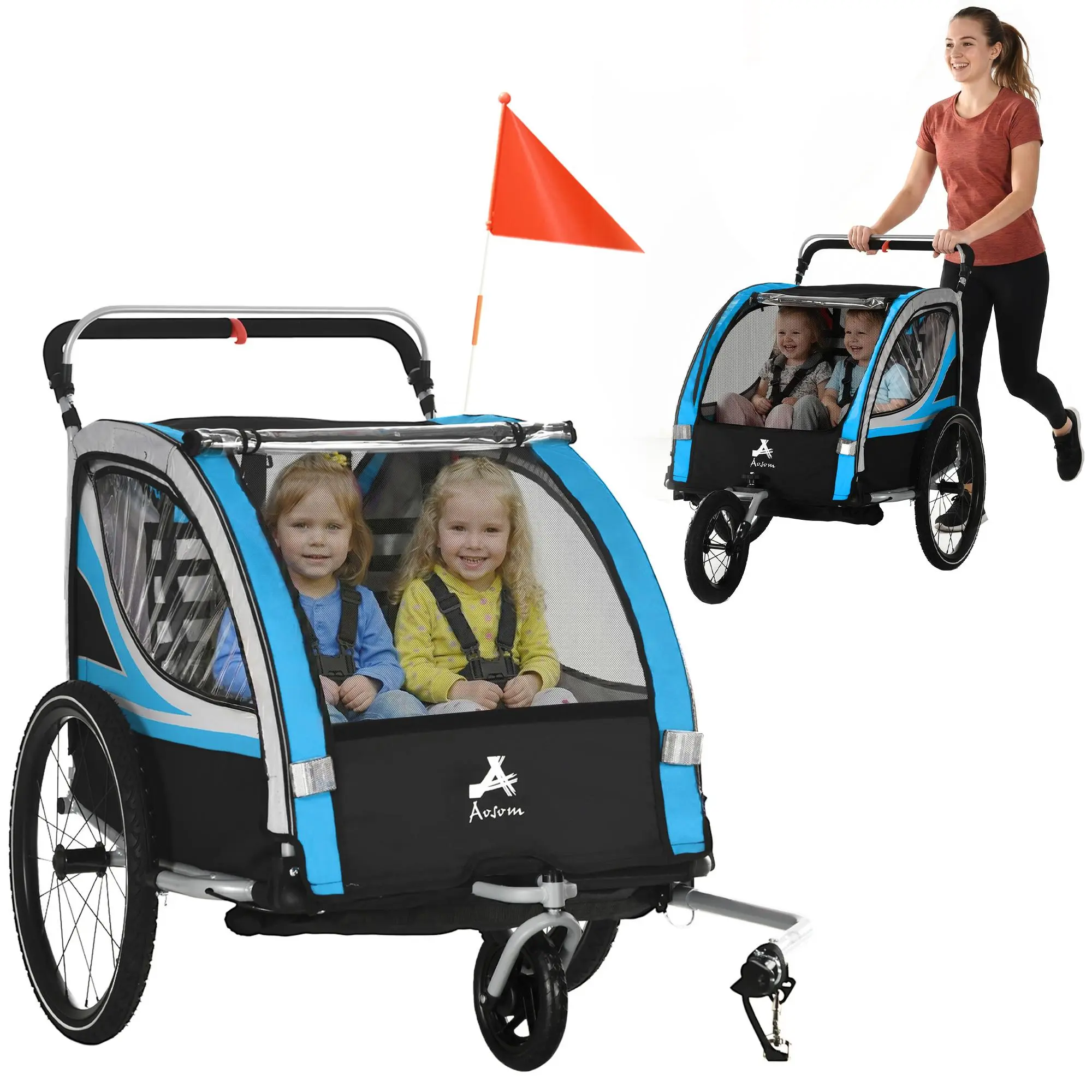 Aosom 3-in-1 Child Bike Trailer 2 Seater Walk Jog Ride, High-Visibility Bicycle Stroller Wagon for Kids, Weather-Resistant Outdoor All-Terrain Toddler Carrier
