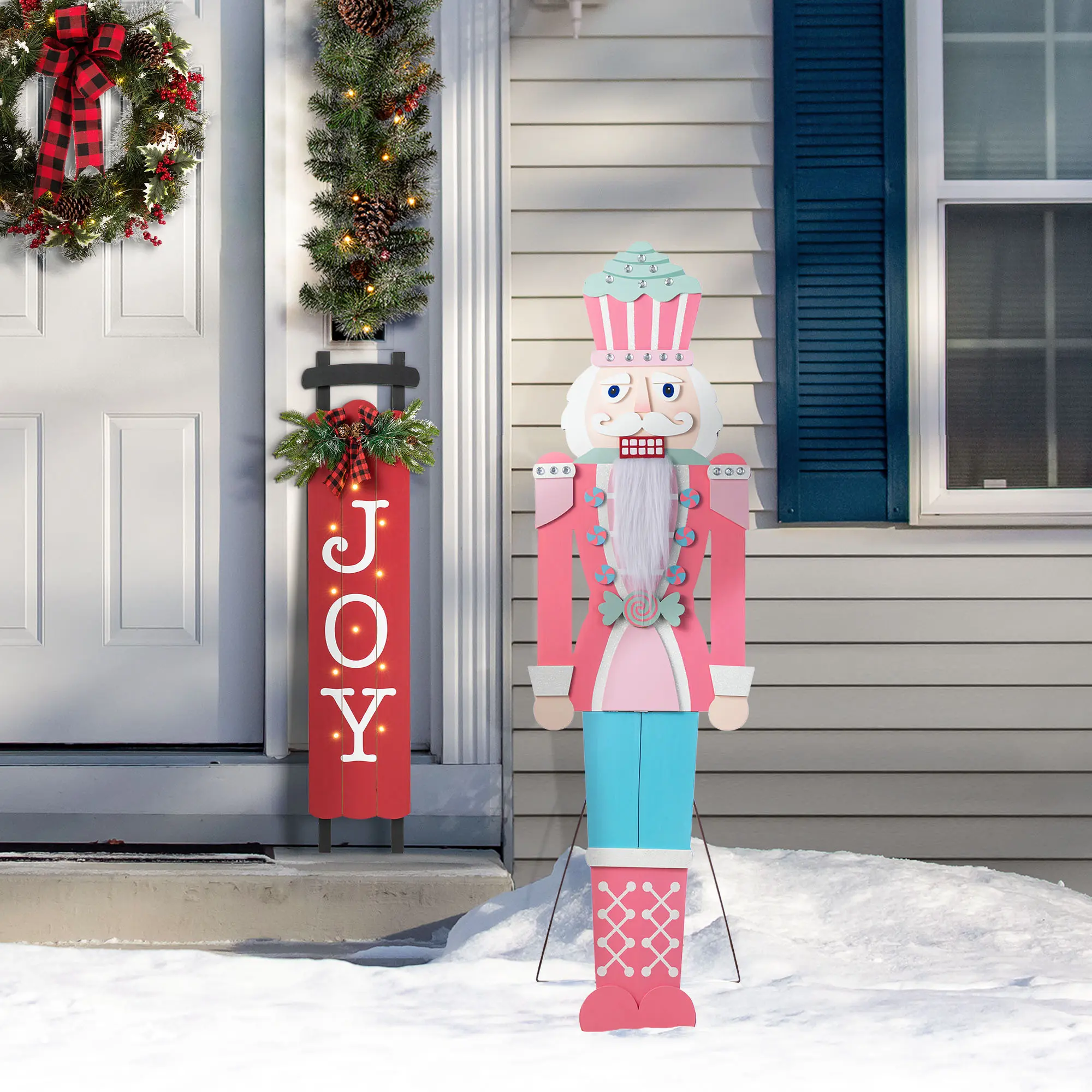 Glitzhome 60"H Christmas Wooden Pink Nutcracker Porch Decor (KD)