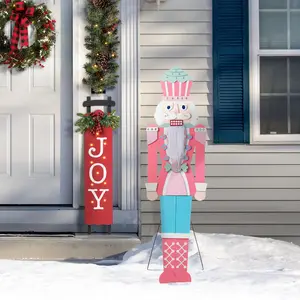 Glitzhome 60"H Christmas Wooden Pink Nutcracker Porch Decor (KD)