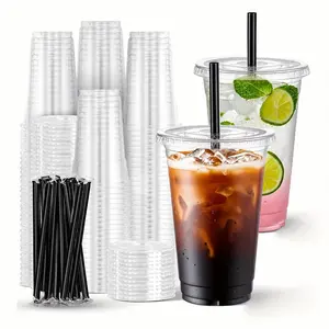 50 Set 16/20/24 Oz Clear Plastic Disposable Cups With Lids And Straws PET Cups For Iced Coffee Cold Drinks Juice Parfait Smoothie Milkshake Ideal For Party Supplies Birthdays Picnics