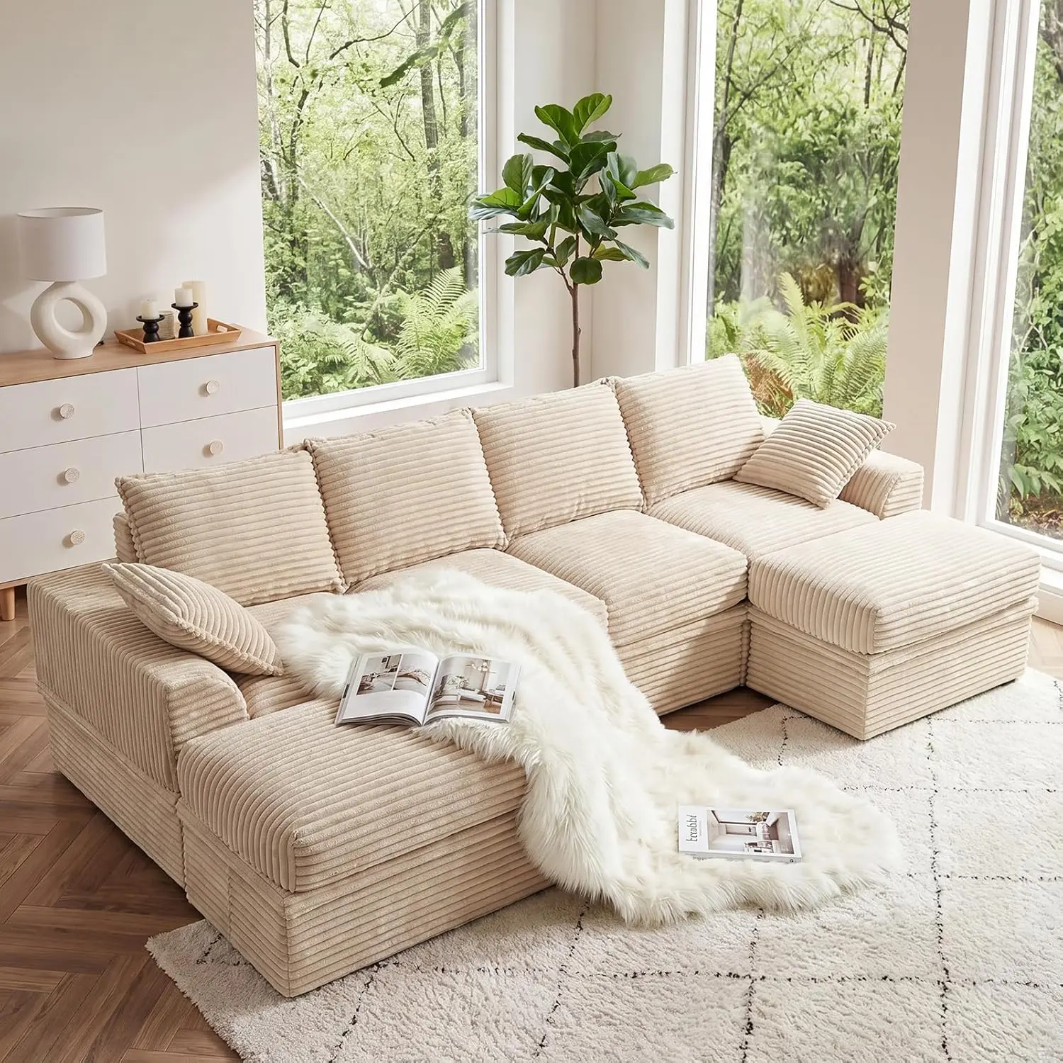 142" Beige Corduroy U-Shaped Sectional Sofa for Living Room, 4-Seater Comfy Modular Couch with Hidden Storage, High Back Support, Ottomans & No Assembly, Ottoman