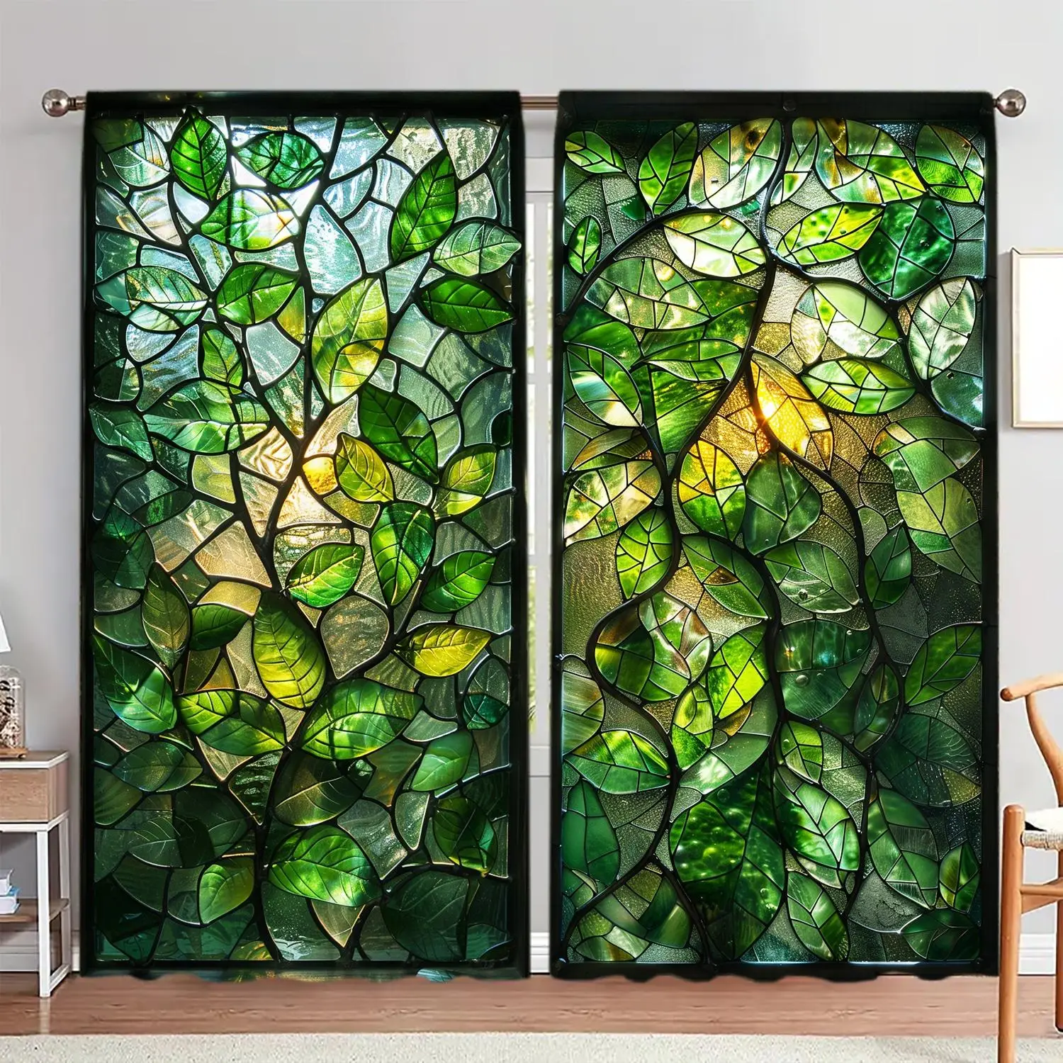 Plant Pattern Stained Glass Door Curtain, 1 Set Privacy Protection Door Curtain, Home Decor for Living Room Bedroom, Room Divider Curtain