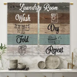 Wooden Farmhouse Laundry Curtains Laundry Room Rules Small Short Cafe Window Curtains Wash Dry Fold Repeat Rod Pocket Bathroom Window Drapes Treatment Tier Curtains 2 Panels (27.5x39 Inch)