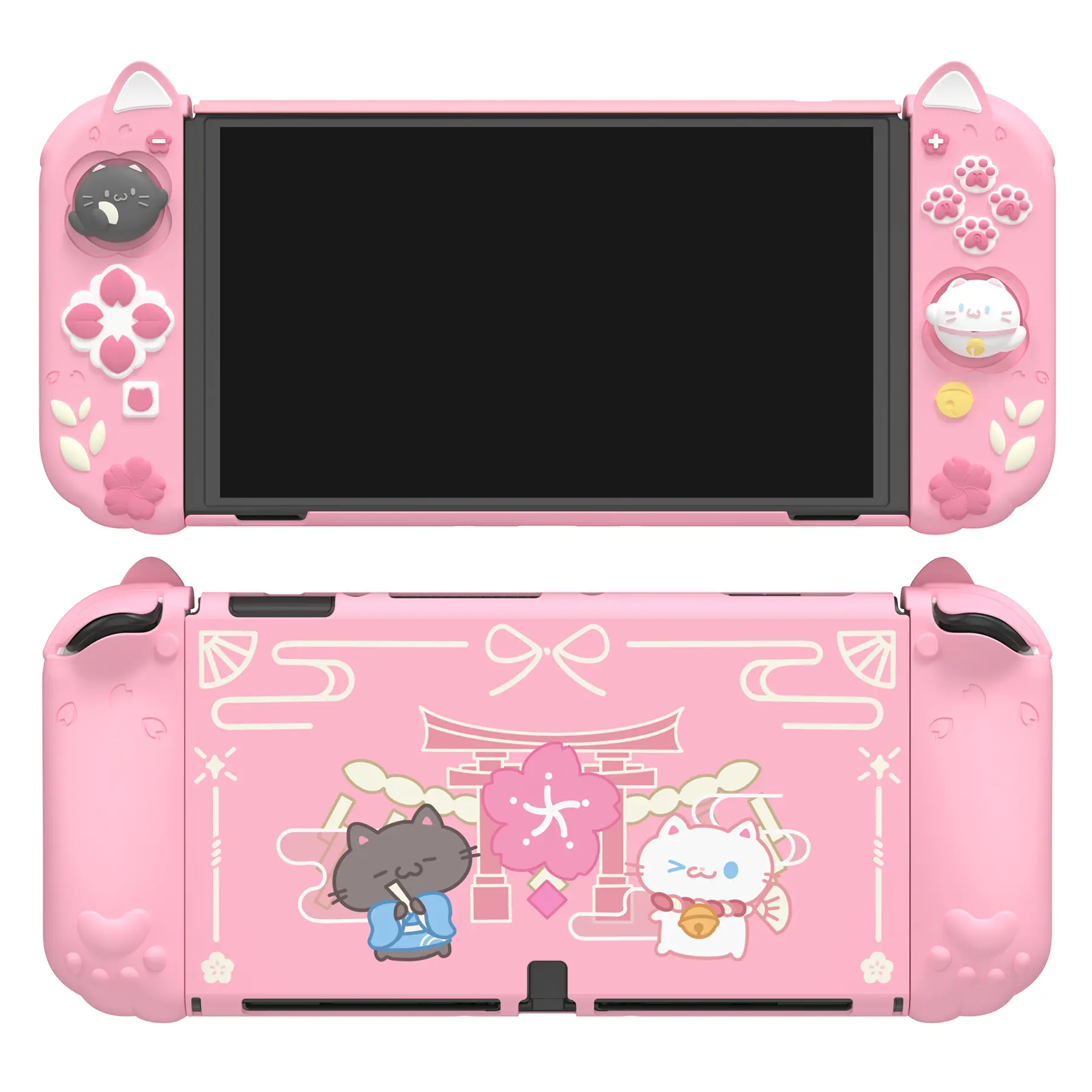 PlayVital  [for Nintendo Switch OLED(2021 version)] Cherry Blossoms Kitten Dockable Hard Shell Protective Case with Thumb Grips & Extra Stand, for PS5 Controller