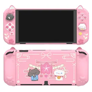 PlayVital  [for Nintendo Switch OLED(2021 version)] Cherry Blossoms Kitten Dockable Hard Shell Protective Case with Thumb Grips & Extra Stand - Pink