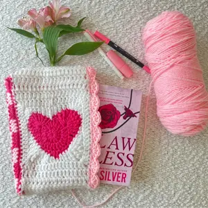 Handmade Crochet Book Sleeve – Heart Design & Custom Book Cover for Book Lovers