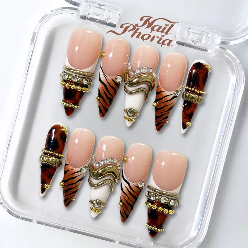NailPhoria CHROME SAVAGE - Fall Handmade Press-On Nails | Reusable, Salon-Quality, Long-Lasting, Glossy Design - Long Stiletto 33mm