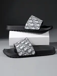 Men's Fashion Print Slides, Extra Large Size 47, Non-Slip Thick Sole Slippers, Comfortable Open-Toe EVA Sandals for Indoor Outdoor, Casual Beach & Shower Shoes, Black Gray