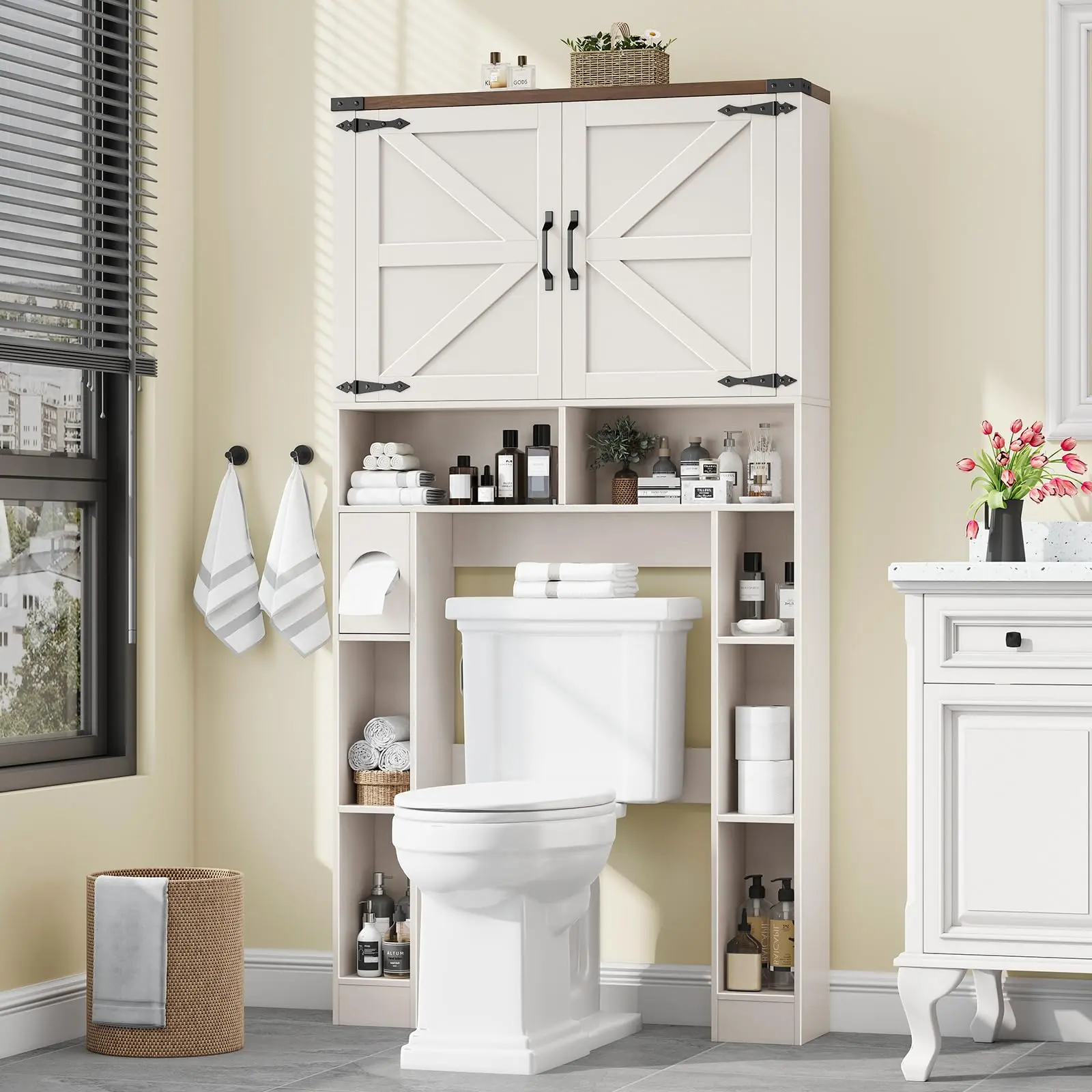 [Summergarden] Vabches Farmhouse Over-Toilet Cabinet - 2 Sliding Barn Doors, Built-In TP Holder, Space-Saving Storage Organizer for Bathroom, Laundry Room