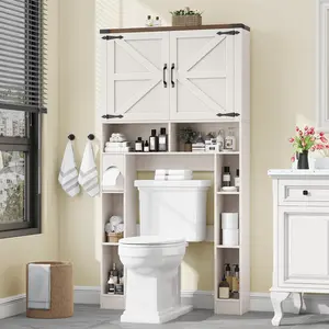 Vabches Farmhouse Over-Toilet Cabinet with 2 Sliding Barn Doors & Built-In TP Holder — Space-Saving Storage Organizer for Bathroom, Laundry Room, Restroom
