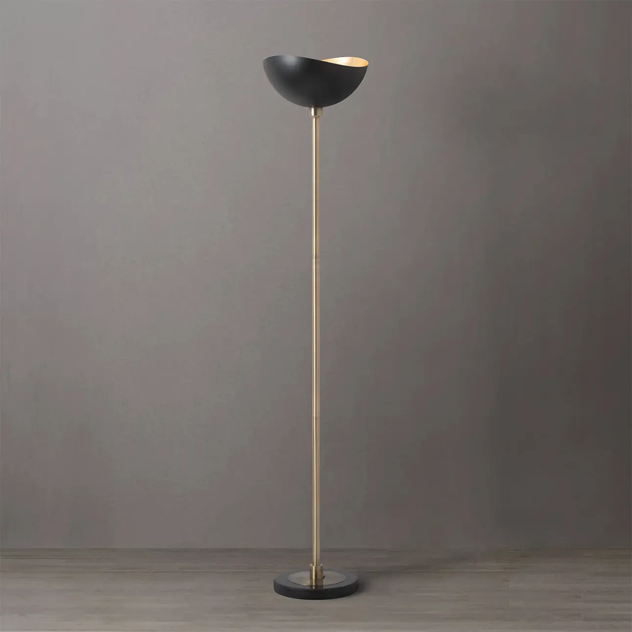 Luna Bella Torchiere Floor Lamp - Matte Black & Gold-Leaf Shade, Weathered Brass, Black Marble Base, Dimmer