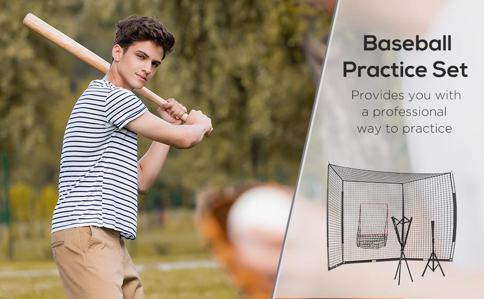 Soozier Baseball & Softball Training Net Set with 7.5'x7' Catcher Net/17'x5.5' Strike Zone, Adjustable Tee, Ball Caddy & Carry Bag for Hitting, Pitching, Batting Practice
