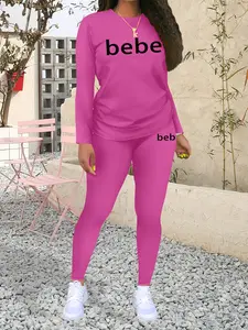 Women's BEBE Letter Printing Casual Sportswear Set, Fashionable Long Sleeve Top & Tight Pants, Fall Winter Regular Fit