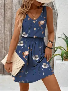 Women's Floral Print Tank Dress, Casual Sleeveless V Neck Short Dress for Holiday Vacation Daily Wear, Ladies Clothes for All Seasons, Casual Classy Elegant Womenswear, Bohemian, Boho Fit Casual, Bohemian Sundresses
