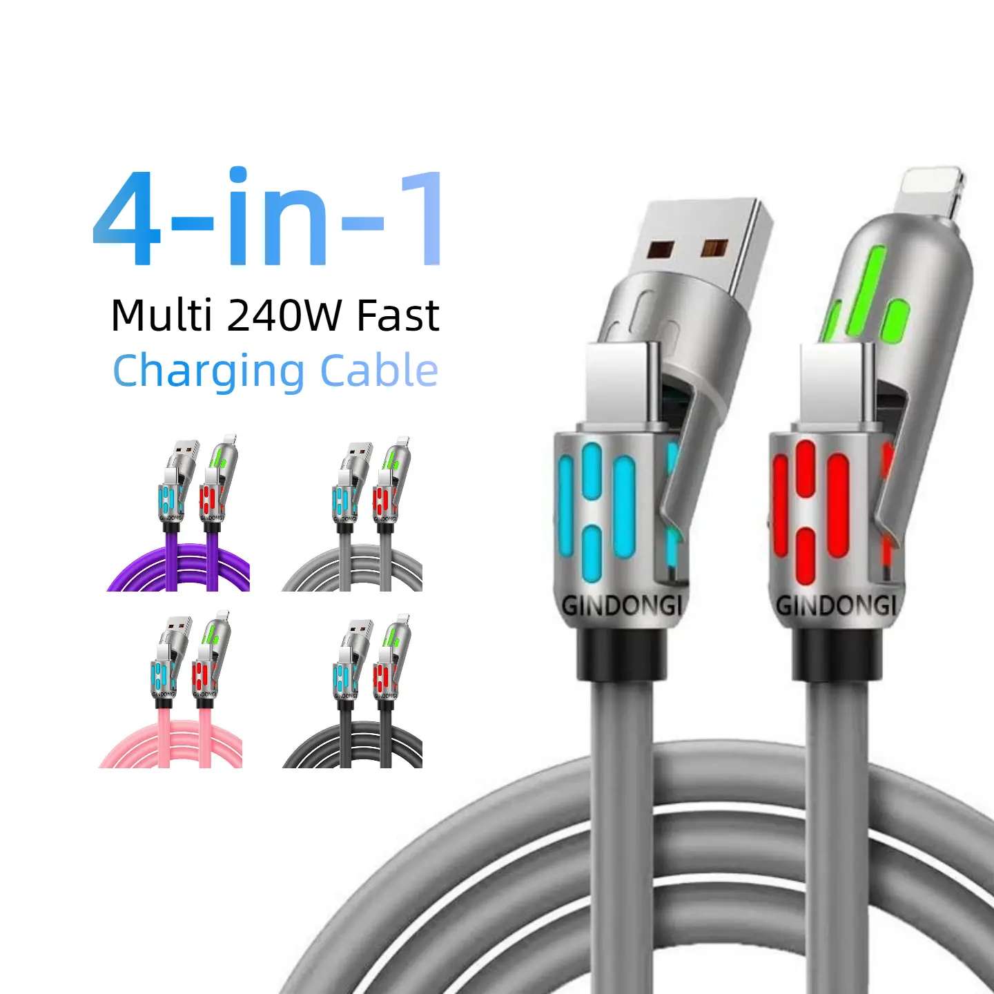 240W Super Fast Charging 4-in-1 Multi Charging Cable with USB-C & Lightning Connectors, Breathing LED Light, Durable Cord for Smartphones, Home & Party Gift Supply