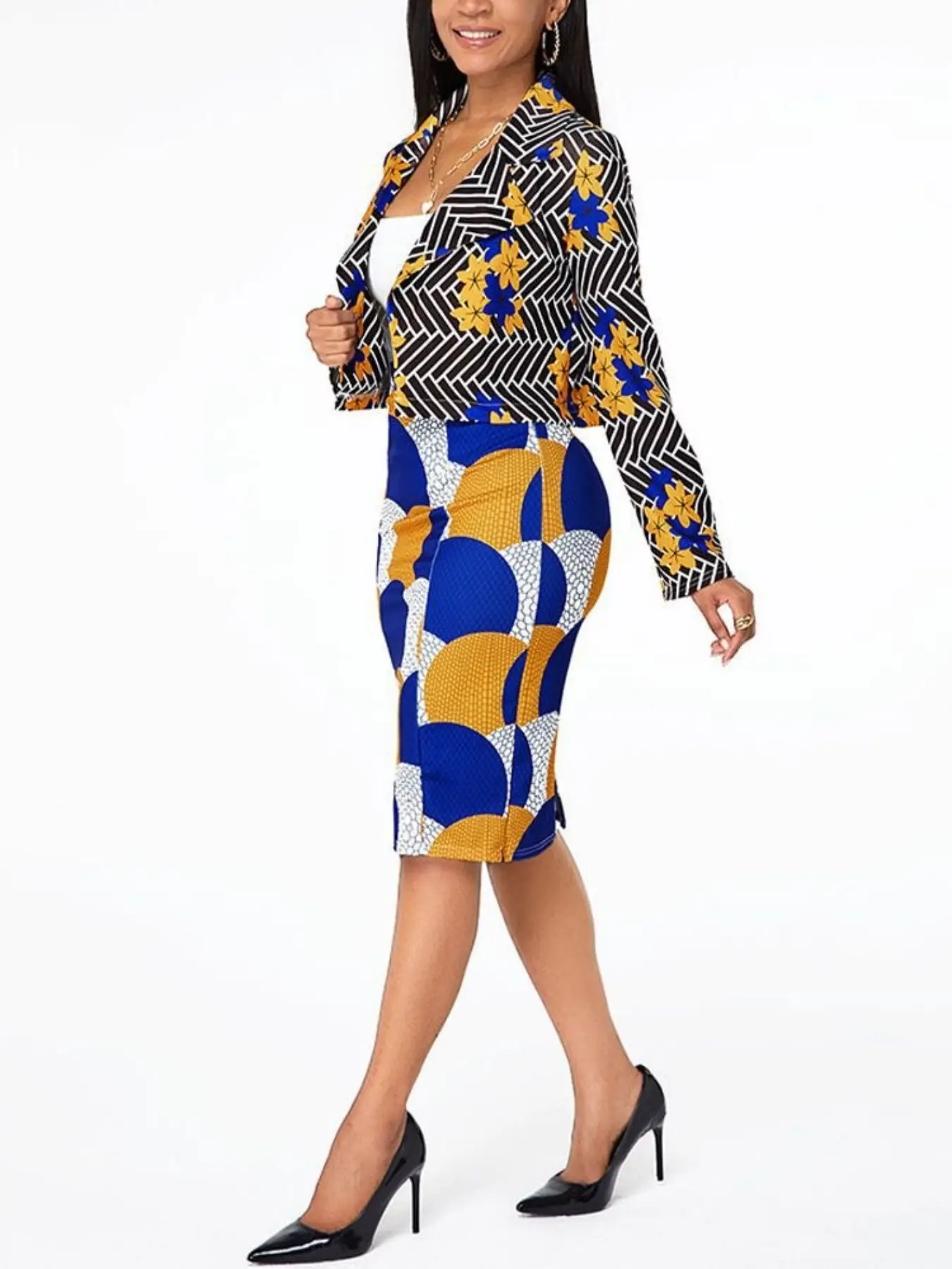 Women's Vintage Ethnic Floral Pattern Top & Geometric Bodycon Skirt Set, European Style Retro Fashion, Casual Wear, All Seasons