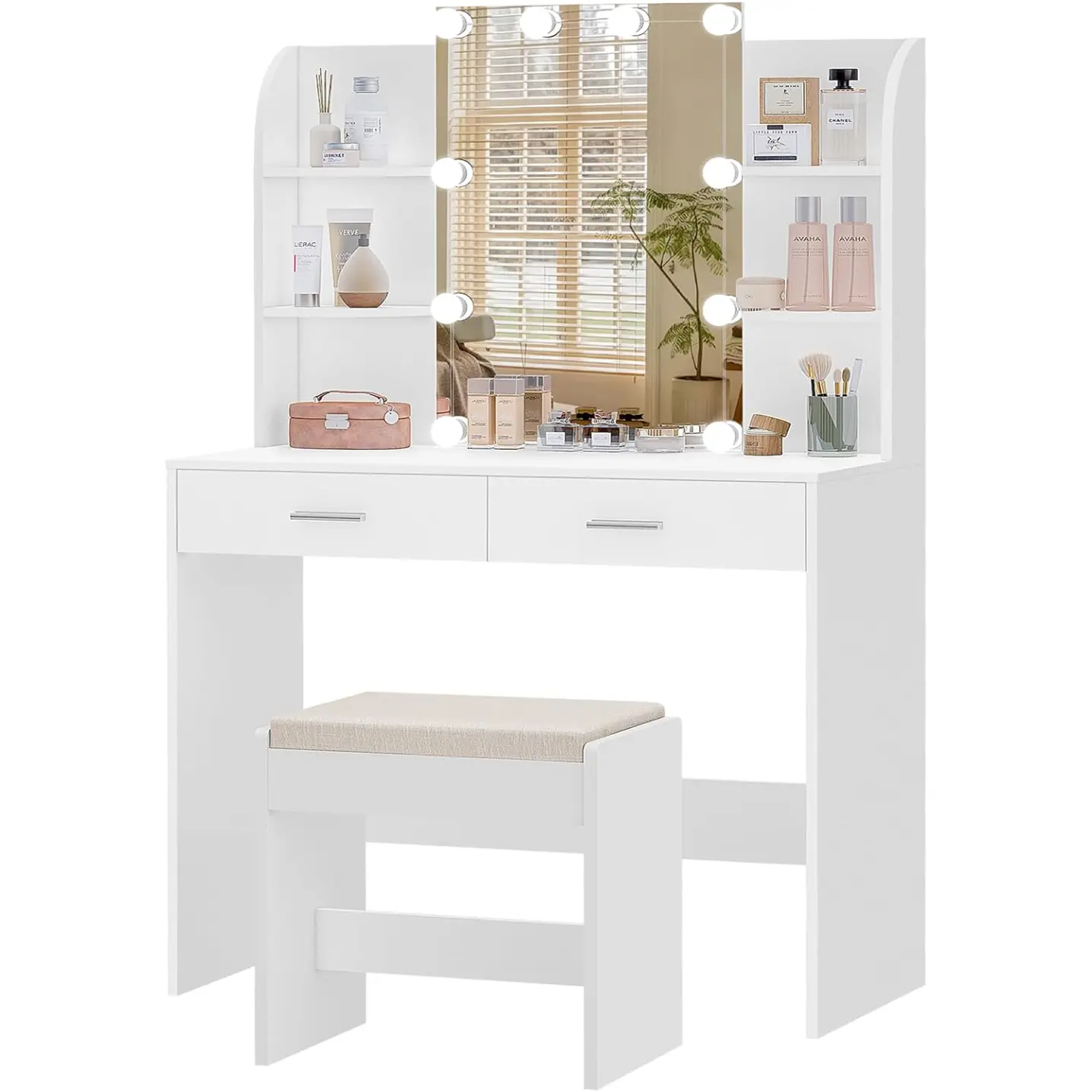 Vanity Desk with Mirror & Lights, Makeup Vanity Table with 2 Large Drawers, 6 Storage Shelves & Stool, Bedroom Dressing Vanity Table with 3 Color Light Adjustable, WhiteDressing table bedroom modern simple bedside table dressing table