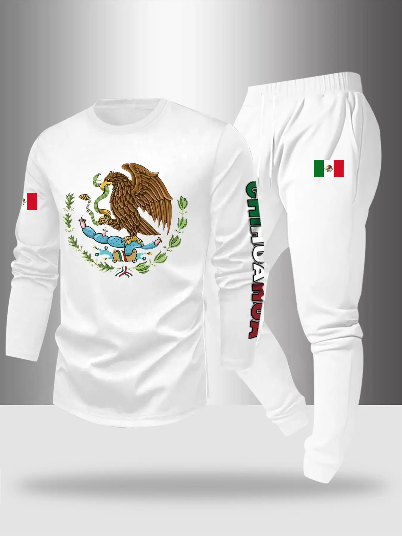 Men's Casual Long Sleeve Crewneck T-Shirt + Drawstring Sweatpants Set, Letter Print Eagle Design, Comfortable Fabric, Spring & Fall