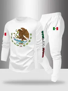Men's Casual Long Sleeve T-Shirt + Drawstring Sweatpants Set, Letter Print Eagle Design, Comfortable Fabric, Spring & Fall