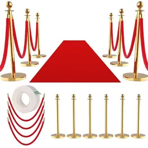 Gold Crowd Control Stanchions 12PCS with 10 Velvet Ropes & 26FT Red Carpet, Stainless Steel Post and Filled Base, Retractable Safety Barriers for Hotel, Wedding, Theater, Event