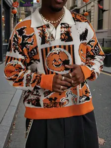 Halloween Evil Pumpkin Witch Cardigan, V Neck Button Textured Long Sleeve Knit Sweater, Unisex Fall Winter Fashion